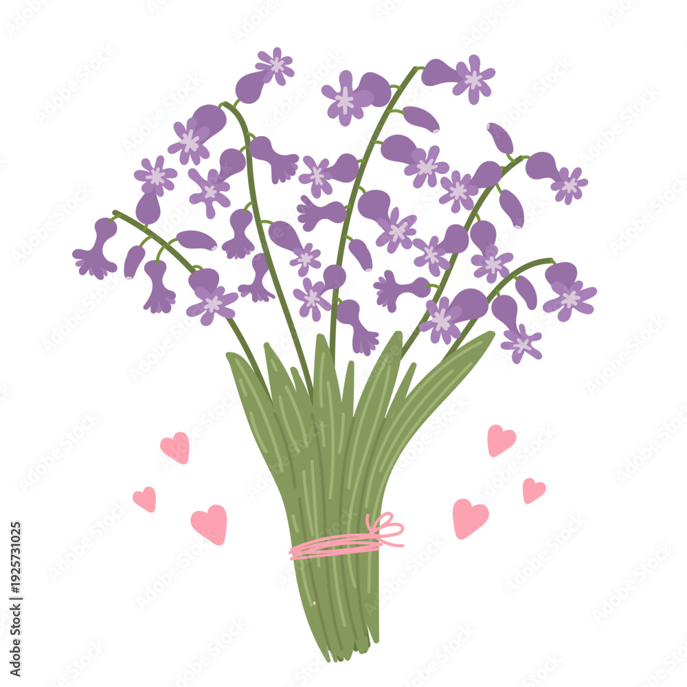 Obraz premium Cute purple hyacinths bouquet in flat cartoon design. Gentle spring flowers with stems and leaves. Lovely seasonal floral gift from garden with hearts and ribbon.Vector illustration isolated.