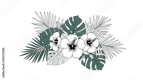 Elegant tropical floral arrangement with white hibiscus flowers and deep green monstera and palm leaves on a white background.