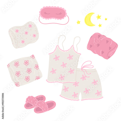Sleep night routine set elements in flat cartoon design. Bundle of pink girly aesthetic pajama, pillows with flowers and hearts print, sleeping mask, fluffy slippers. Vector illustration isolated.