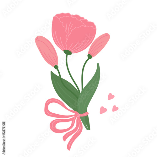 Cute tulips and buds bouquet in flat cartoon design. Gentle pink spring flowers with stems and leaves. Lovely seasonal floral gift from garden with hearts and ribbon.Vector illustration isolated.