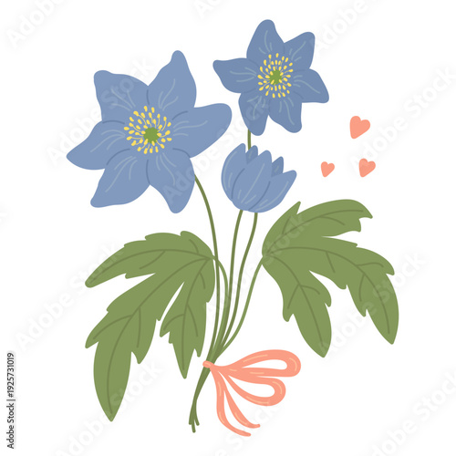 Cute blue anemones bouquet in flat cartoon design. Gentle spring flowers with stems and leaves. Lovely seasonal floral gift from garden with hearts and ribbon.Vector illustration isolated.