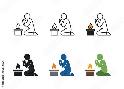 Spiritual devotion icon depicting a person kneeling with hands together in prayer near a symbolic altar or spiritual element,