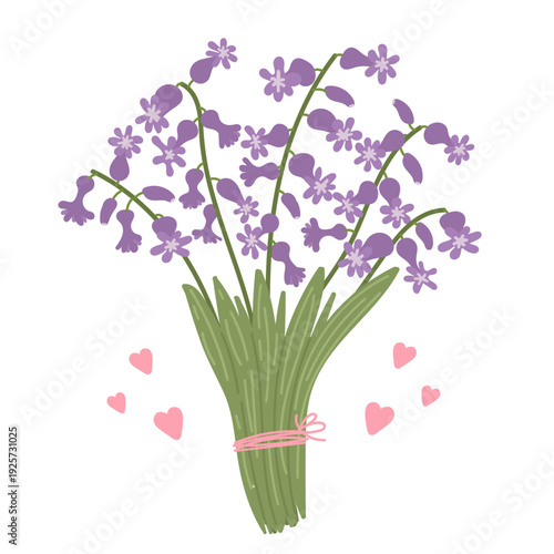 Cute purple hyacinths bouquet in flat cartoon design. Gentle spring flowers with stems and leaves. Lovely seasonal floral gift from garden with hearts and ribbon.Vector illustration isolated.