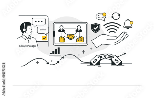 Modern minimal flat vector conceptual collage, crisp hard edges, consistent THIN outline stroke, rounded corners where needed,