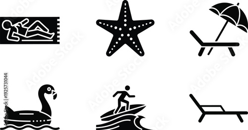 Collection of beach and summer vacation icons including a sunbather, starfish, lounge chair, inflatable flamingo, surfer, and umbrella, perfect for travel and leisure themes
