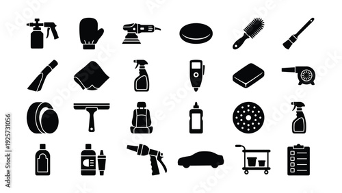 Car Care Cleaning Tools Icons Set on White Background