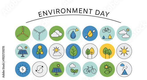 Environment Day icon set. Includes eco friendly symbols like recycling, solar panel, wind turbine, leaf, and globe. Created in flat style with green, blue, and yellow colors