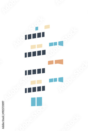 Minimalist illustration of a dark apartment building with balconies and colorful windows