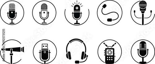 A collection of microphone icons and audio recording equipment, representing broadcasting, podcasting, and sound technology