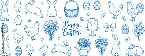 Easter celebration icons with blue line art of bunnies chickens eggs and flowers on white background with happy easter text