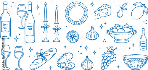 Elegant wine and cheese party setup with glasses bottles fruits and crackers on a white background