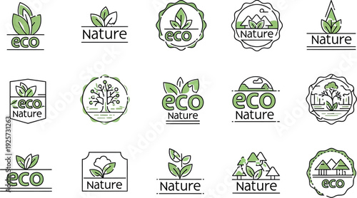 Collection of fifteen distinct eco and nature line art logo icons featuring green leaf elements and various typography arrangements for sustainable branding purposes