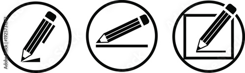 Set of three white icons featuring pencils writing in a circular frame, representing education, creativity, and writing tasks, suitable for graphic design and stationery themes