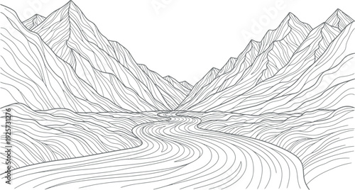Black and white line art illustration depicting a dramatic winding river flowing through a deep valley flanked by towering, stylized mountain ranges with textured slopes.