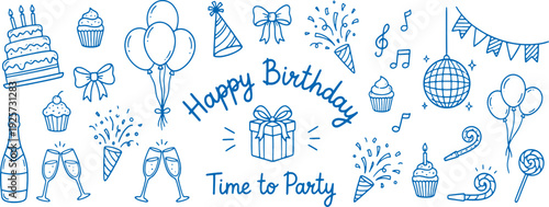 Happy birthday celebration icons with party elements and gifts on white background for festive events