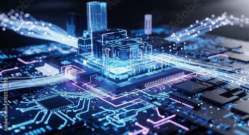 Abstract digital circuit board with glowing blue lights and fiber optics.