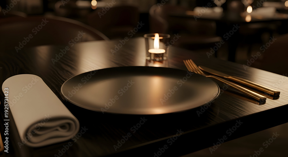 Fototapeta premium Restaurant logo mockup Elegant Dinner Setting with Plate Candle and Gold Cutlery on Dark Table image photo