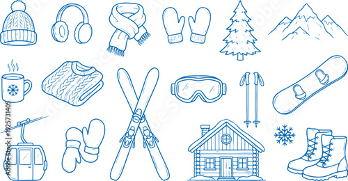 Winter sports and leisure activities icons set with ski equipment clothing and mountain scenery in blue outline style