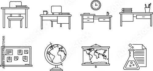 A collection of simple line art icons depicting various school and office furniture, stationery, and educational tools on a white background, ideal for design projects
