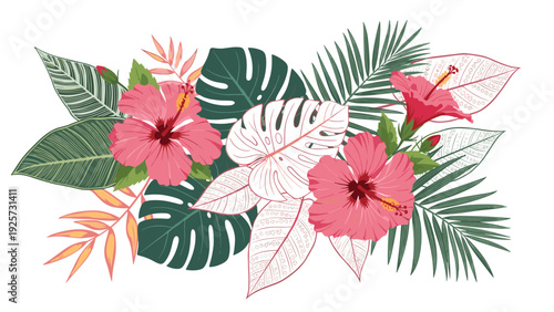 Vibrant tropical floral composition featuring pink hibiscus flowers nestled among dark green palm and monstera leaves on white.