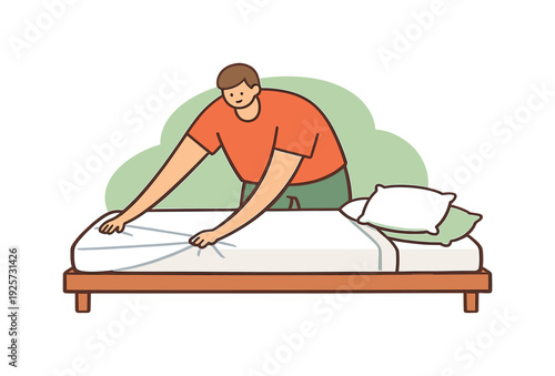 Bright person smooths sheets over a mattress, tucking corners while pillows wait nearby on a simple bed frame calm morning light!