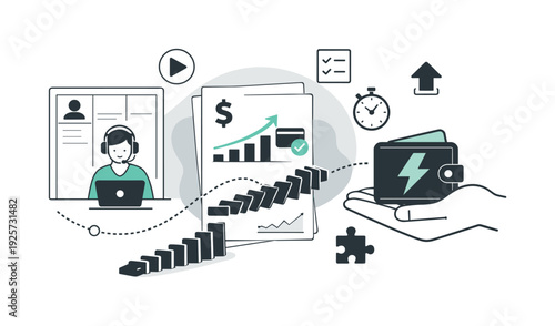 Modern minimal flat vector conceptual collage, crisp hard edges, consistent THIN outline stroke, rounded corners where needed,