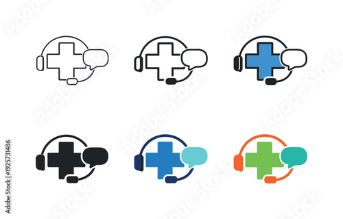 Healthcare Support Icons. Healthcare service support icon showing a medical cross with a headset and speech bubble, symbolizing