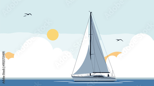 Serene nautical illustration of a white sailboat on the blue sea under a pale yellow sun with seagulls flying overhead.
