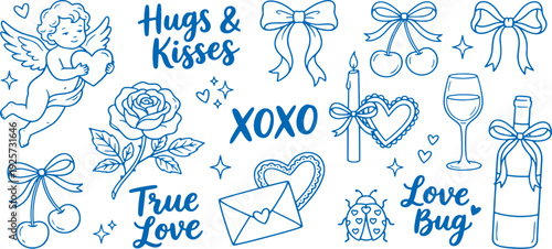Valentine's day symbols and icons love themed illustrations with cherub rose wine and sweet phrases on white background