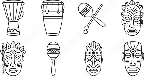 African Tribal Mask and Musical Instrument Icon Set, Featuring Drums, Maracas, and Diverse Cultural Representations for Artistic and Decorative Projects