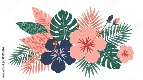 Colorful tropical floral arrangement featuring pink and navy blue hibiscus flowers with various green and peach palm leaves.