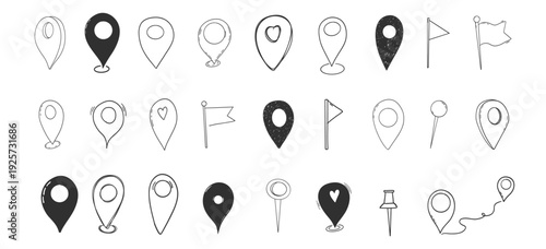 Doodle Location Pin set, pin line hand drawn for planner or map. Gps Navigation Markers pinpoints, tags, flag icons. 