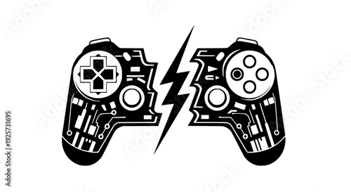 Split gaming controller vector illustration, dynamic composition, bold flat colors, competitive gaming concept, clean geometric shapes, isolated background, esports tournament theme