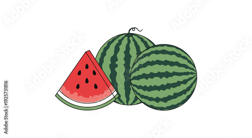 Illustration of three watermelons including a slice with green rind and red flesh