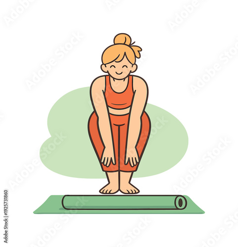 Sunny person unrolls a yoga mat on the floor, edges flattening, bare feet aligned, calm space opening ahead slowly and softly now