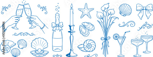 Blue beach party illustrations with seashells cocktails and champagne bottles on white background for summer celebration