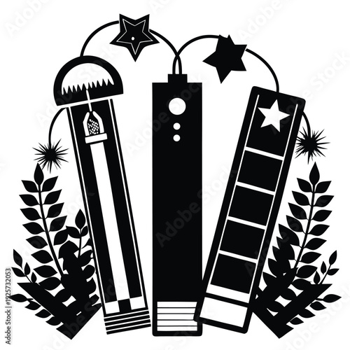 Elegant Silhouette Illustration Featuring Three Books Adorned with Stars and Foliage Decorations