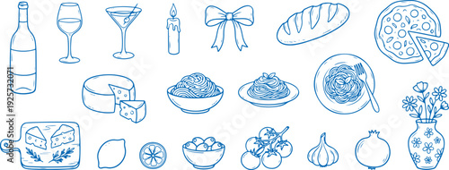 Food and drink icons set including wine cheese bread pizza and various dishes on white background for culinary themes