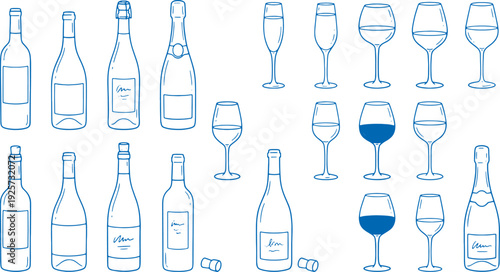 Wine bottles and glasses illustration set with blue outlines on white background for beverage concepts