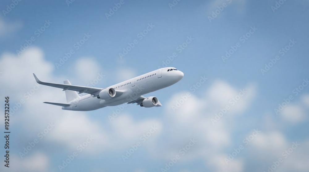 Obraz premium White airplane flying high in a blue sky with fluffy white clouds. Concept of travel, vacation, and air transportation for global destinations.