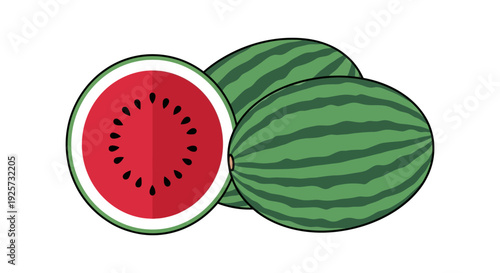 Illustration of three watermelons one sliced displaying the red flesh and black seeds