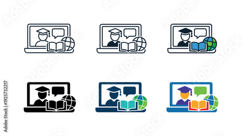 Virtual classroom icon portraying a digital device combined with learning imagery to express online education and distance