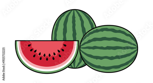 Cartoon illustration of three watermelons including a sliced piece high quality