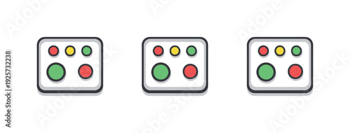 Operational scene illustrated by a control panel box with indicator lights and simple buttons reduced to a clean icon, identical