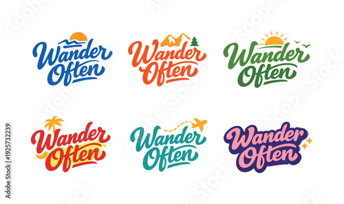Clean flat holiday banner set illustration featuring modern lettering logo set for Wander Often, stock marketplace–ready