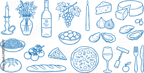 Wine and cheese dinner table setting with food items and utensils elegant evening meal preparation with wine bottle grapes bread and cheese assortment on a white background