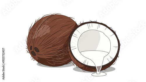 Illustration of a whole brown coconut and a half coconut with fresh white milk pouring out onto a white surface.