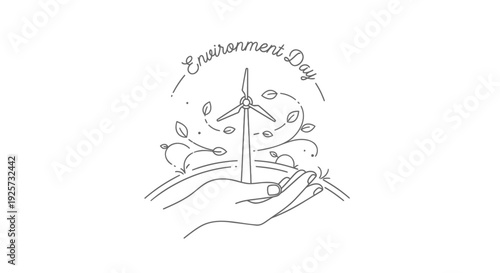 Environment Day icon with wind turbine and leaves