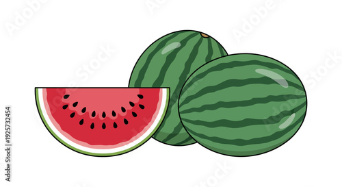 Three watermelons including a sliced piece are displayed in a cartoon style