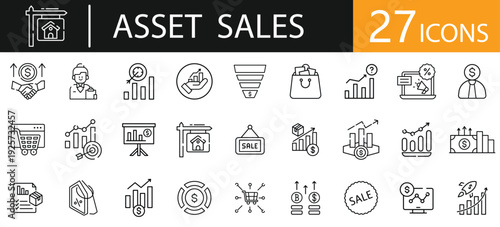 Business Asset Sales Icon Pack – Thin Line Symbols for Property Exchange, Capital Transfer and Investment Transactions
